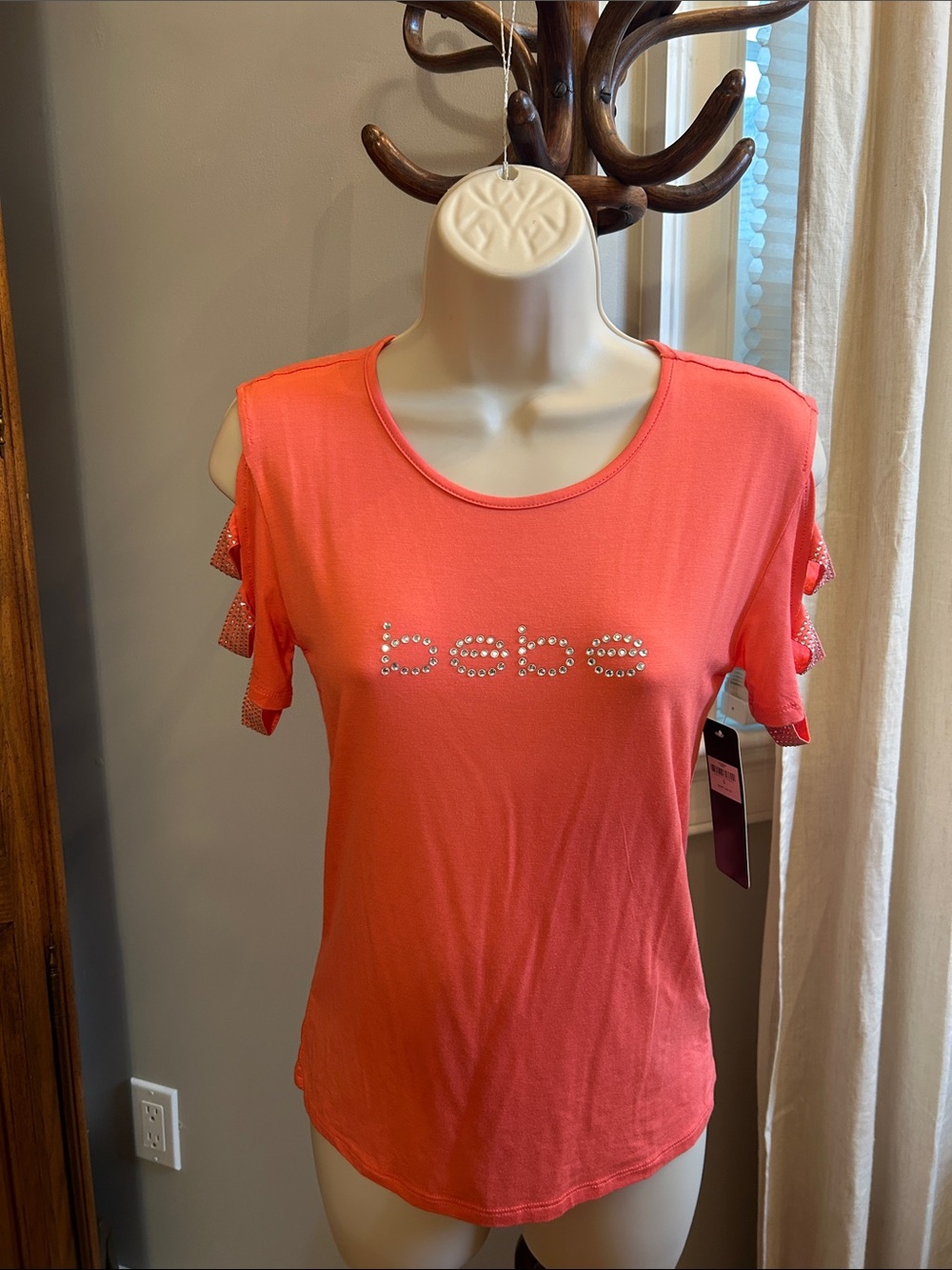 bebe Coral Ruffle Cold-Shoulder Logo Tee